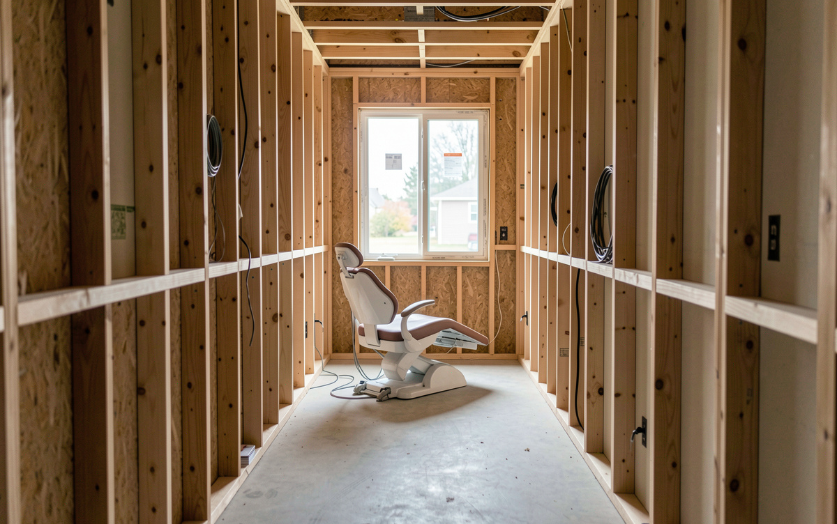 A dental operatory under construction seen from the corridor doorway, bare studs and exposed conduit, a reclined dental chair wrapped in plastic at the centre, cool daylight from a window at the far end, wide eye-level framing.