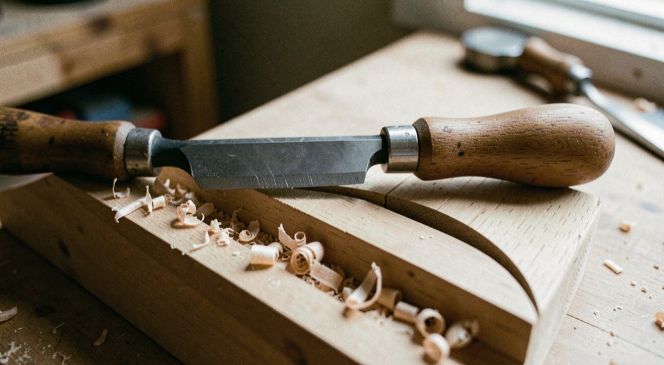 A freshly sharpened bowl gouge rests on a wooden tool rack beside a curved test cut and fine shavings