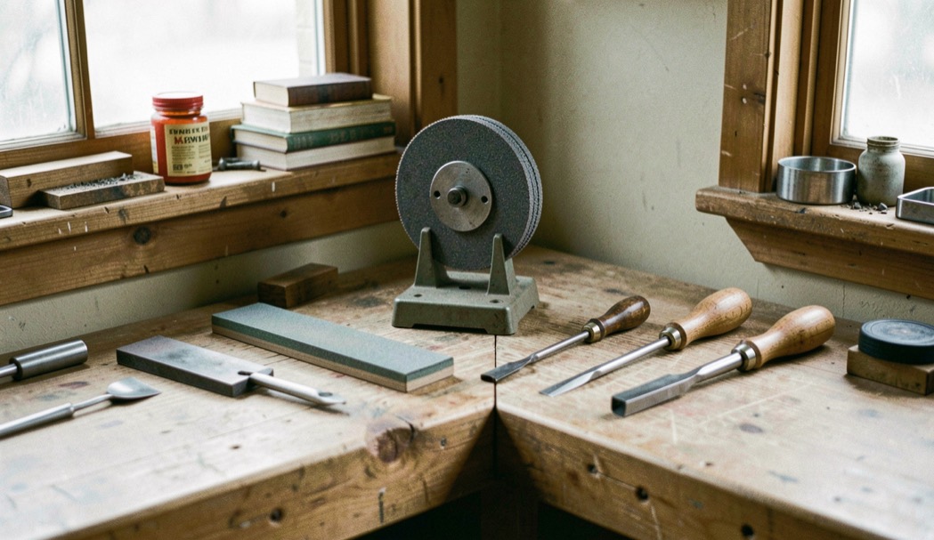 A sharpening wheel, honing slip and three turning tools arranged in a tidy Vermont workshop corner