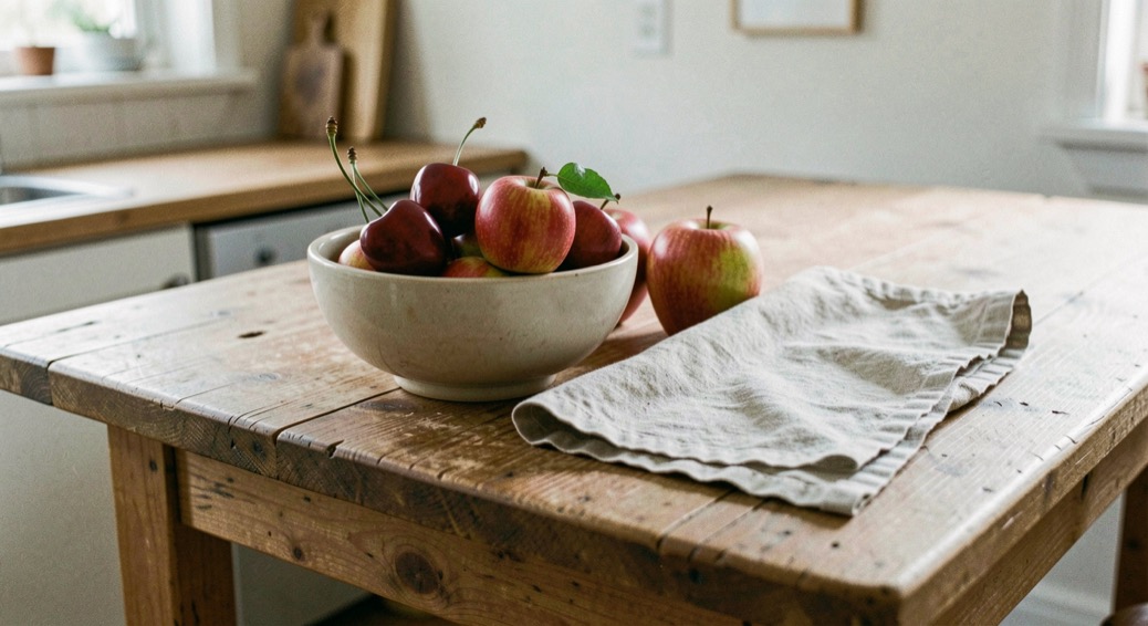 A finished cherry bowl beside apples and a folded linen cloth on a simple wooden kitchen table