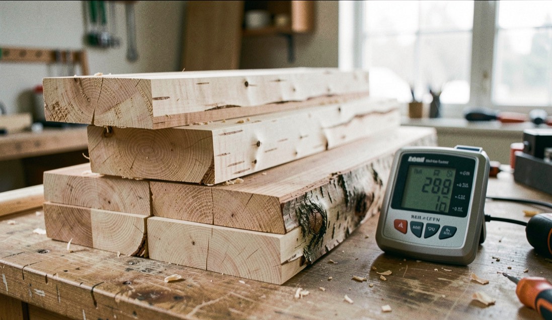 Freshly cut maple, cherry and birch blanks stacked beside a moisture meter in a workshop