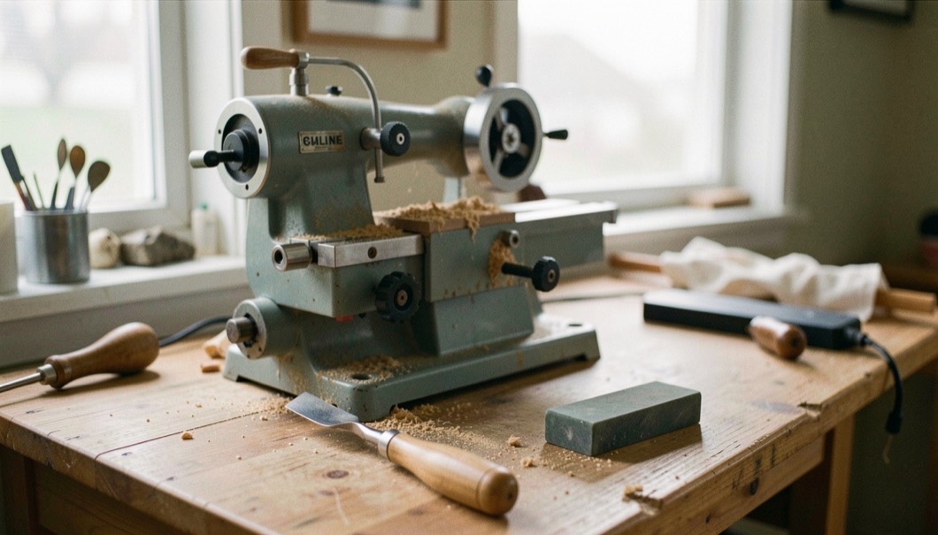 A woodturning gouge, skew and sharpening stone arranged beside a quiet benchtop lathe