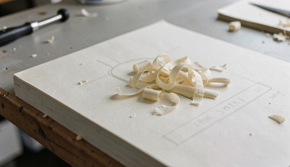 Pale basswood practice form with soft shavings, pencil marks and a clean bench edge