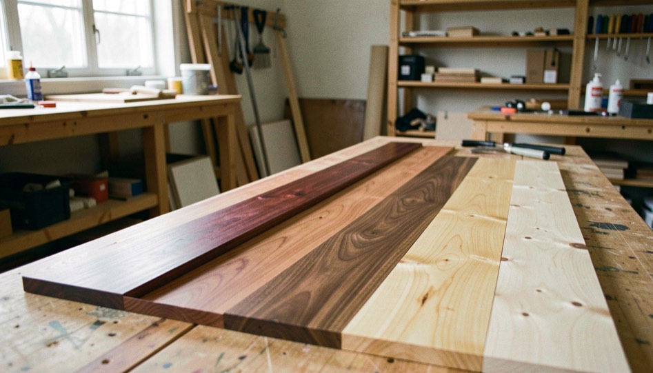 A long species board with maple, cherry, walnut and birch samples arranged in a Vermont workshop